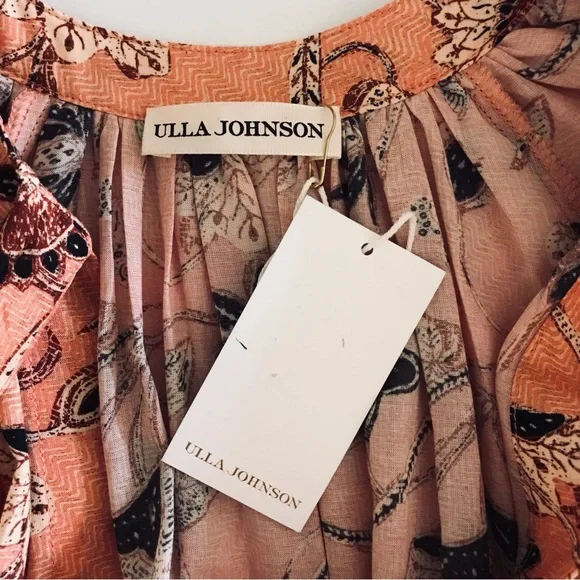 ULLA JOHNSON Primrose Puff Sleeve Tiered Midi Dress Salmon Floral - Picture 11 of 13